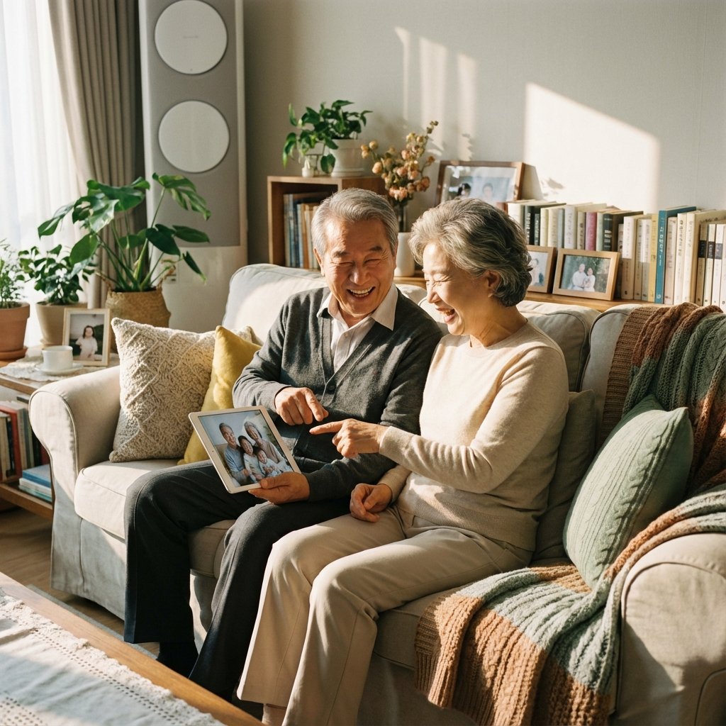 태블릿을 보며 웃고 있는 노부부